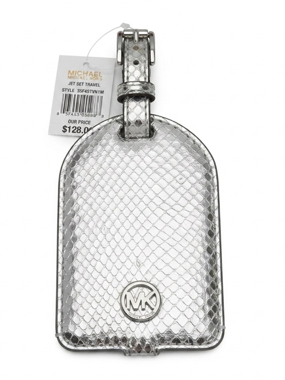 Michael Kors Jet Set Travel Luggage Tag Purse Charm Metallic Silver Snakeskin